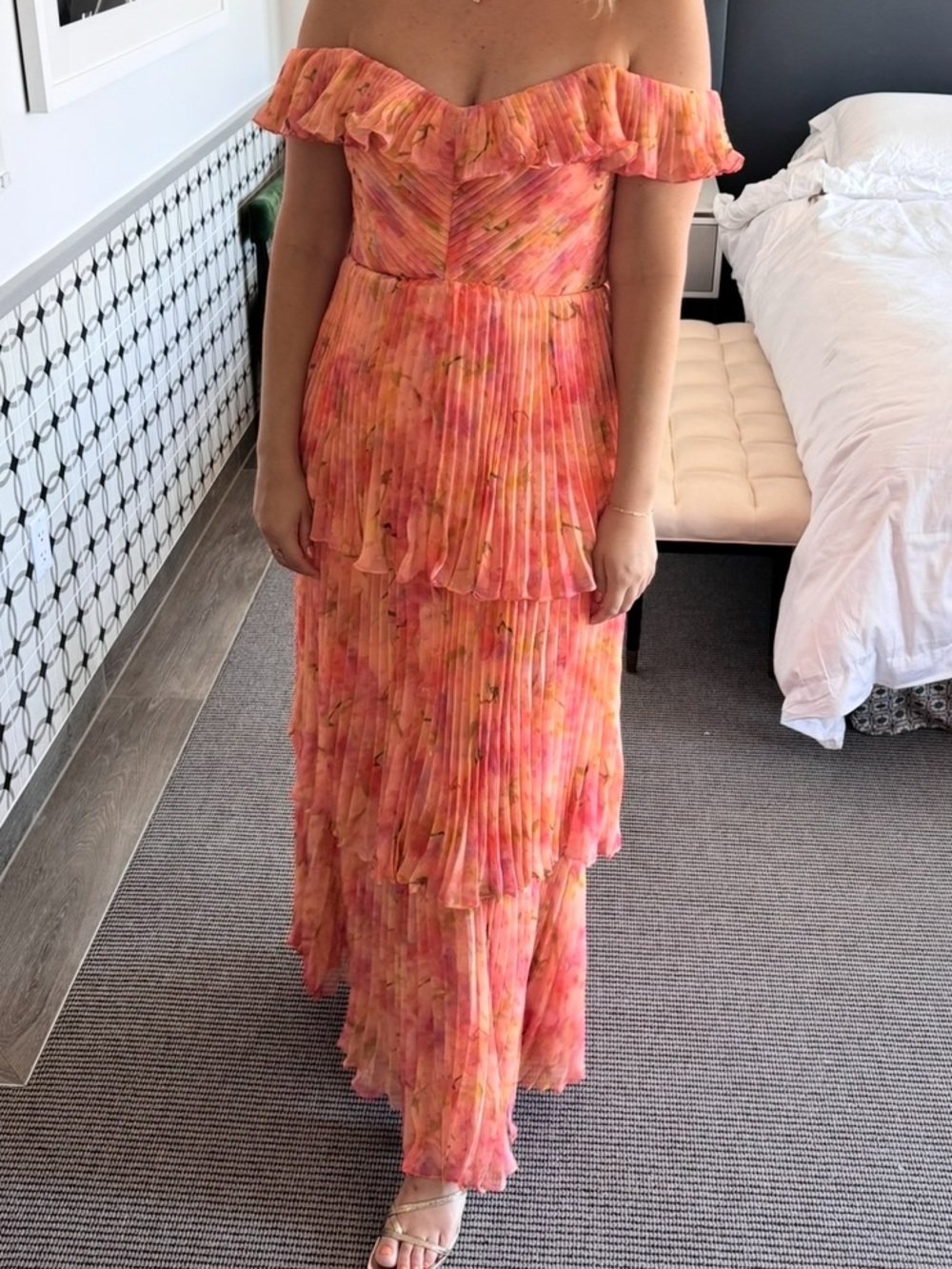Theia One-Shoulder Pleated Tiered Gown - Pink Peach Floral - Picture 2 of 3